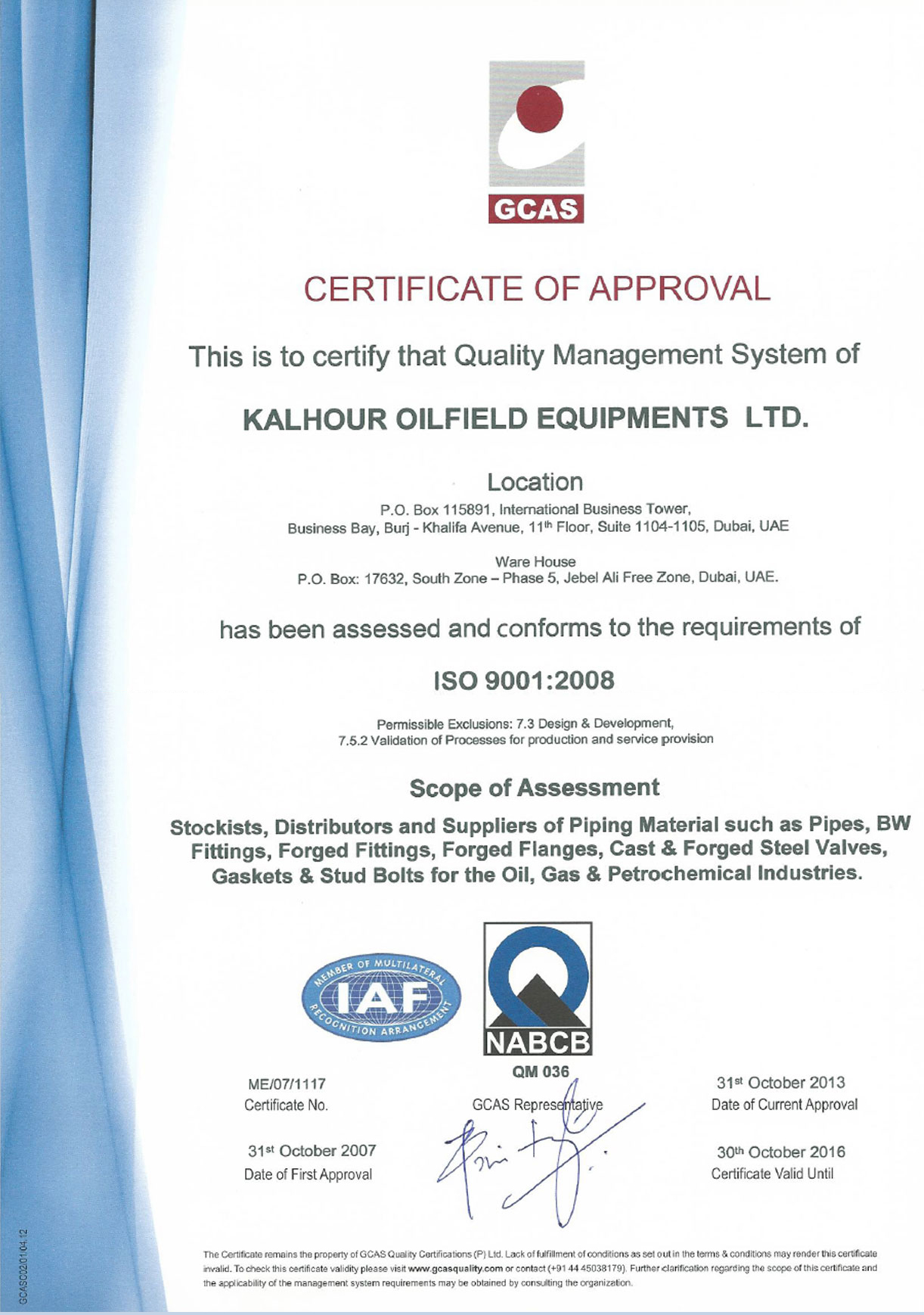 Kalhour Trading ISO 9001 2008 Dubai Certificate